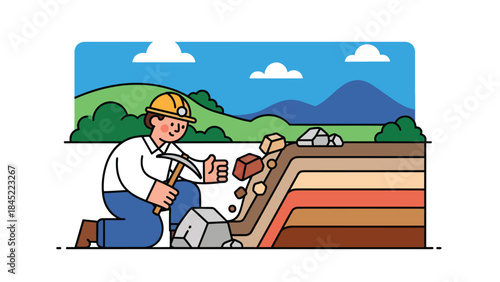 Vector illustration of a geologist examining rock layers outdoors with tools, representing geology research, mineral exploration, and fieldwork education in a natural landscape