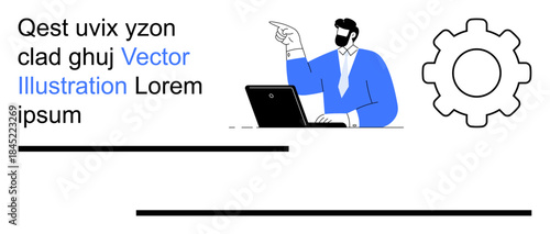 Business solutions, teamwork, technology, strategy planning, software development, innovation. Person in suit pointing while using a laptop next to gear icon. Business solutions and teamwork focus