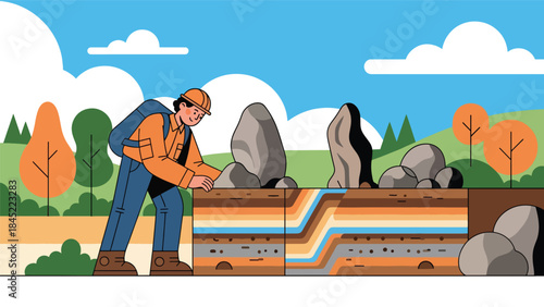 Vector illustration of a geologist examining rock layers outdoors with tools, representing geology research, mineral exploration, and fieldwork education in a natural landscape