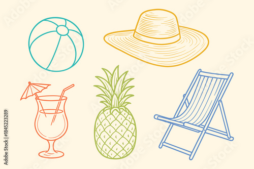 Vintage Summer Vacation: Beach Ball, Drink, Hat, Pineapple, and Chair