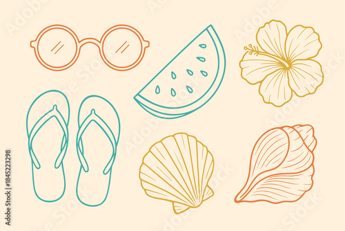 Vintage Summer Elements: Sunglasses, Flip Flops, Fruit, Flowers, and Seashells