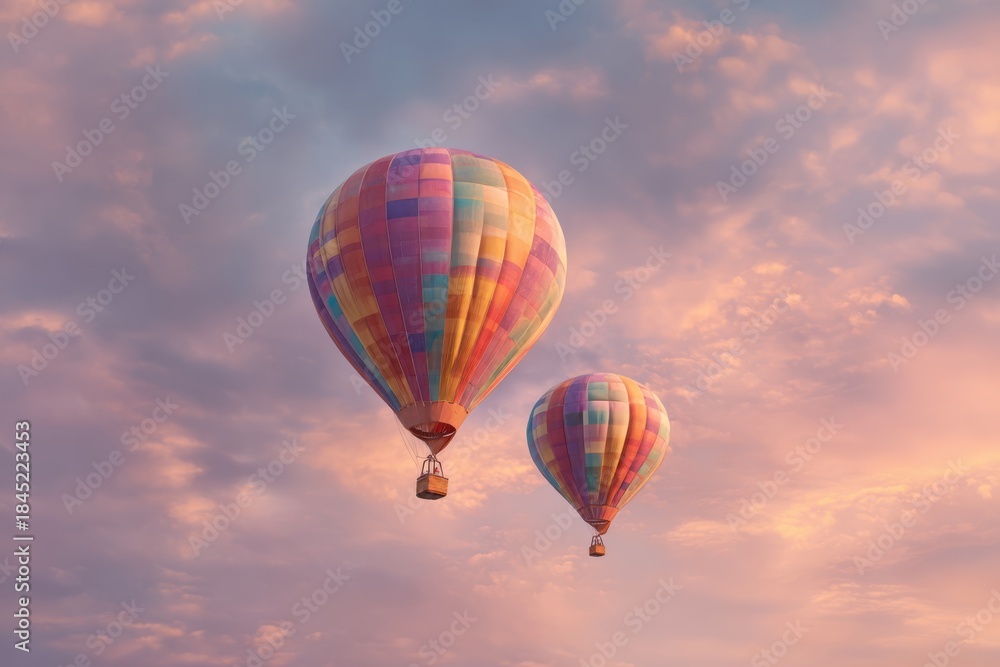 Fototapeta premium Two hot air balloons drifting close together at sunrise against a pastel sky, symbolizing romance and shared adventure.