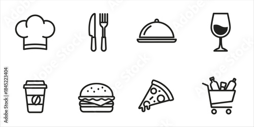 Food and drink line icons – burger, pizza, wine, coffee, chef hat, shopping cart, cutlery.