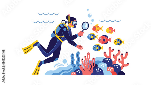 Vector illustration of a marine biologist scuba diving underwater, studying sea life with a magnifying glass, symbolizing ocean research, marine education, and environmental conservation