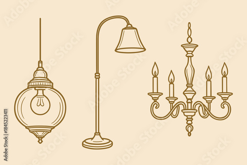 Vintage Lighting: Classic Chandeliers and Lamps Illustrations
