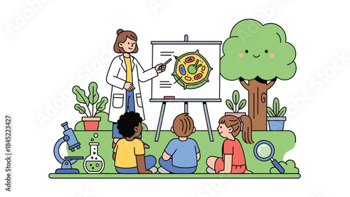Vector illustration of a science teacher guiding children during a classroom chemistry experiment, showcasing STEM education, teamwork, and hands-on learning in a modern school lab