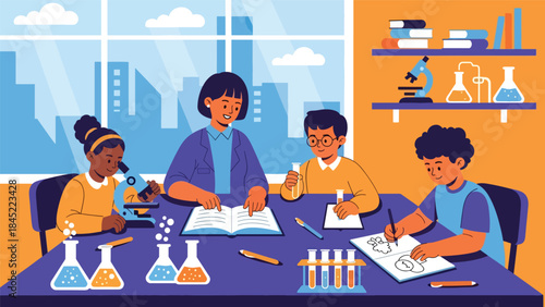 Vector illustration of a science teacher guiding children during a classroom chemistry experiment, showcasing STEM education, teamwork, and hands-on learning in a modern school lab