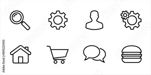 UI line icons – search, settings, user, home, chat, shopping cart, menu, burger, gear, profile.