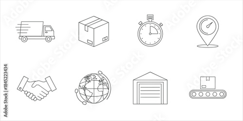 Logistics, delivery, shipping, warehouse, global supply, tracking, fast service, cargo icons.