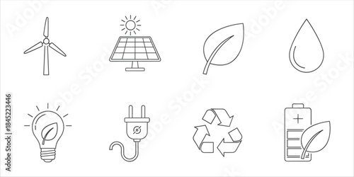 Eco icons: solar, wind, leaf, water, recycling, battery, plug, green energy, sustainability.