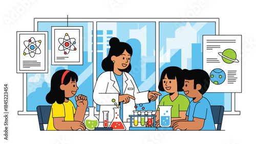 Vector illustration of a science teacher guiding children during a classroom chemistry experiment, showcasing STEM education, teamwork, and hands-on learning in a modern school lab