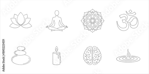 Yoga and mindfulness icons: lotus, meditation, mandala, om, brain, balance, candle, zen.