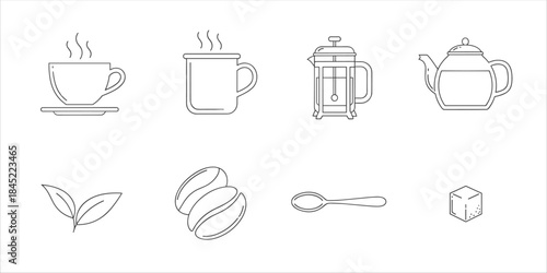 Coffee and tea icons: cup, mug, teapot, french press, leaf, beans, spoon, sugar cube.