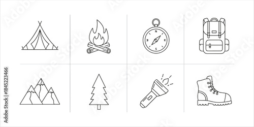 Camping and hiking icons: tent, fire, compass, backpack, flashlight, boots, mountains, tree.