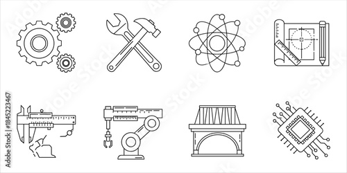 Engineering icons: gears, tools, atom, blueprint, caliper, robot arm, bridge, microchip.