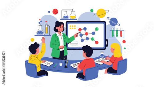 Vector illustration of a science teacher guiding children during a classroom chemistry experiment, showcasing STEM education, teamwork, and hands-on learning in a modern school lab