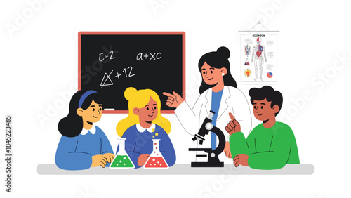 Vector illustration of a science teacher guiding children during a classroom chemistry experiment, showcasing STEM education, teamwork, and hands-on learning in a modern school lab