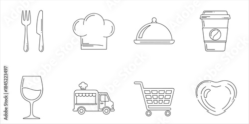 Food and drink icons: utensils, chef hat, cloche, coffee cup, wine glass, food truck, cart, plate.