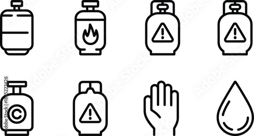 Set of eight black and white icons for gas cylinders warning signs and hand Keywords: gas cylinder, propane tank, fuel, energy