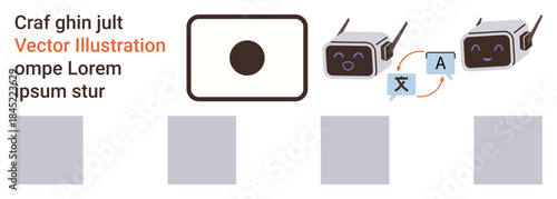 Language learning, AI communication, translation tools, global connectivity, technological advancement, education. Robotic chatbots with speech bubbles and symbolic text. Language learning and AI