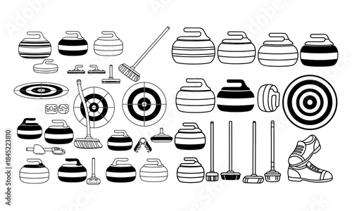 Curling sports equipment black and white line art collection with stones, brooms, and targets