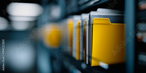 Organized file folders in a shelf, with a focus on yellow folders creating visual hierarchy. The depth of field highlights a structured, efficient system in storage or office.