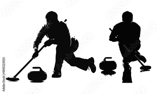 Silhouettes of curlers actively engaged in the dynamic winter sport on ice