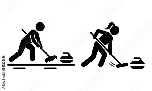 Two stick figures depicting a man and woman actively sweeping ice during a curling game