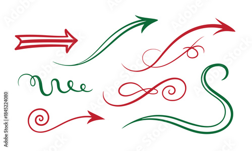 Collection of red and green swirling arrows and curls for design