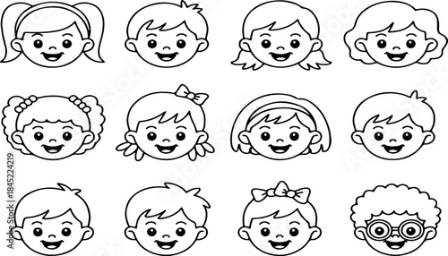 Cartoon children faces smiling and looking happy