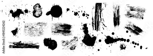 Black stains and paint strokes set isolated on white background. Vector realistic illustration of abstract ink splatter texture, spray splashes, scratched charcoal doodles, grungy design elements