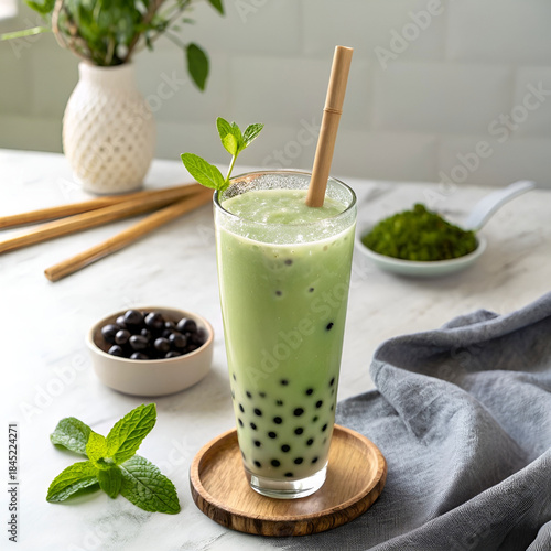 a photorealistic shot of a glass of matcha bubble tea