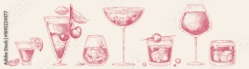 Sketch cocktail glasses set isolated on background. Vector illustration of hand drawn alcohol drinks, retro bar menu, elegant party cups with tequila, wine, gin, vodka and fruit, line art drawings
