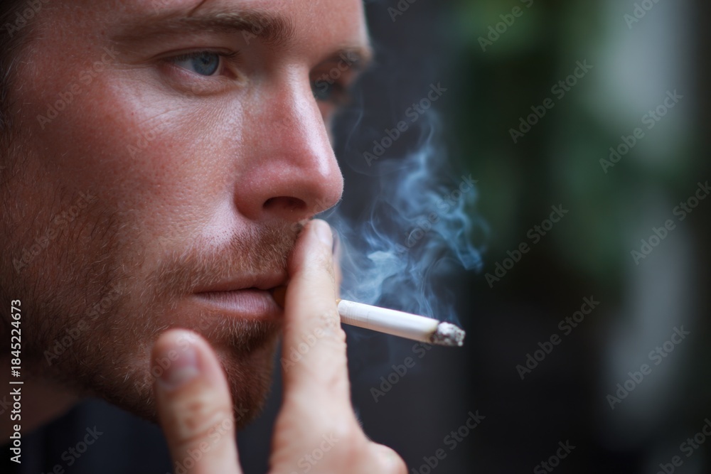 Fototapeta premium Young caucasian male smoking cigarette close-up with focused expression