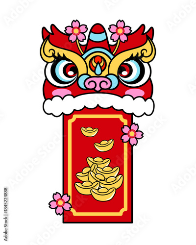 Lion dance illustration vector colorful Chinese New Year red envelope with gold ingot and cherry blossom festive lucky design celebrating prosperity and joy