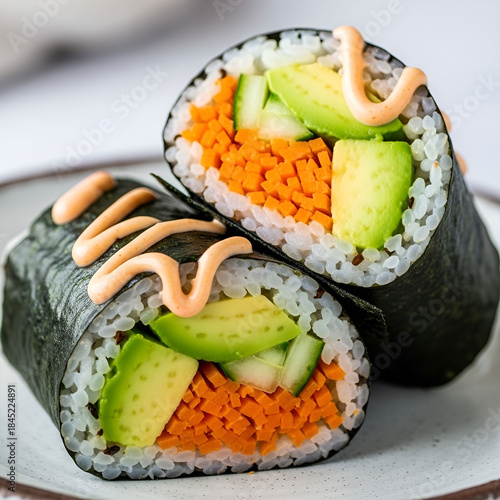 A close up of a vegan sushi burrito with avocado