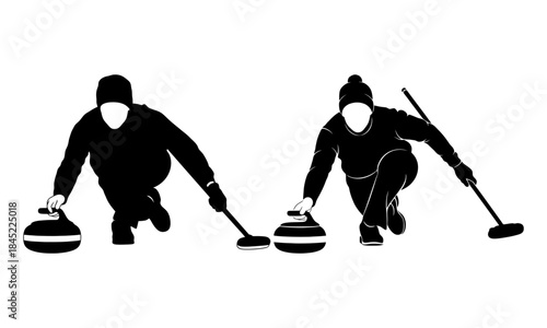 Professional curlers in action, delivering and sweeping stones on the ice rink