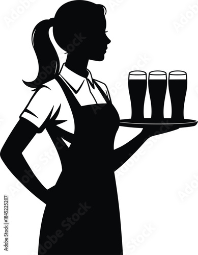 Waitress silhouette carrying tray with three beer glasses woman server
