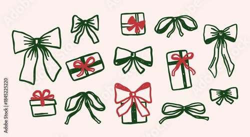 Vintage Christmas vector illustrations set. Whimsical coquette bows and gift boxes holidays clipart