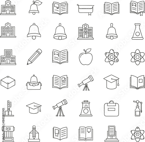 Education and science outline icon set featuring school buildings, books, laboratory tools, and academic learning symbols
