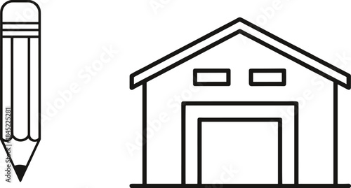 Pencil and house outline icon representing home design, architecture planning, drawing, and construction concept