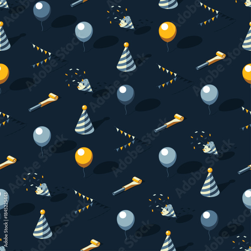 Gold and black themed seamless pattern of birthday party icons with shadows