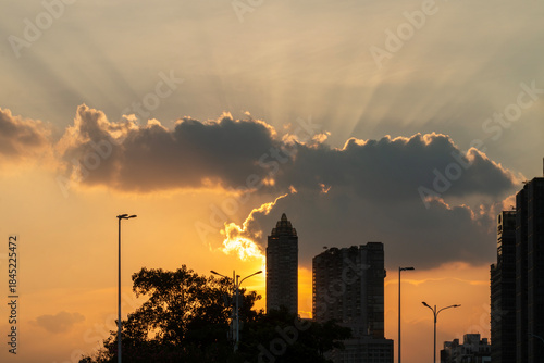 sunset over the city in autumn