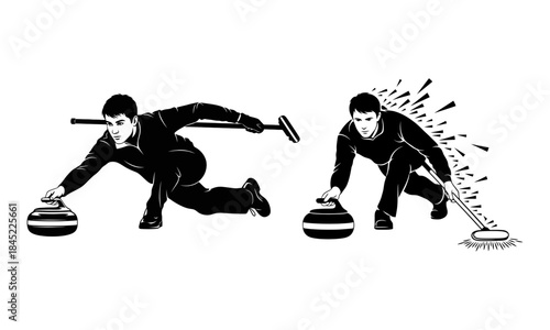Dynamic curling action: athlete delivering stone and intensely sweeping the ice