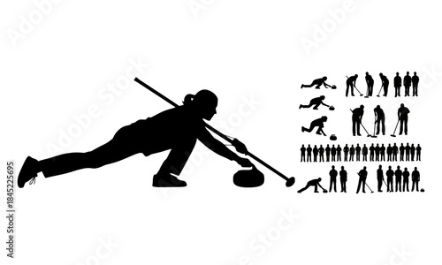 Dynamic silhouettes showcasing various curling movements and players in action on the ice