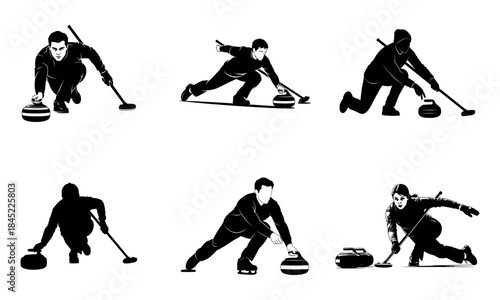 Silhouettes of players engaged in various dynamic actions of the winter sport curling