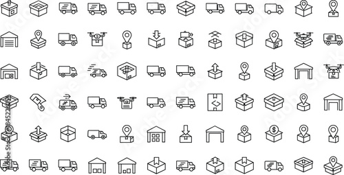 Logistics and delivery outline icon set featuring shipping boxes, trucks, warehouses, drones, and location symbols