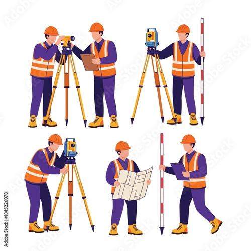 Collection of illustrations depicting male surveyors and engineers working with various land surveying equipment and tools.