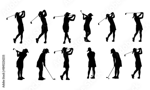 Diverse female golf players silhouettes showcasing various stages of the golf swing