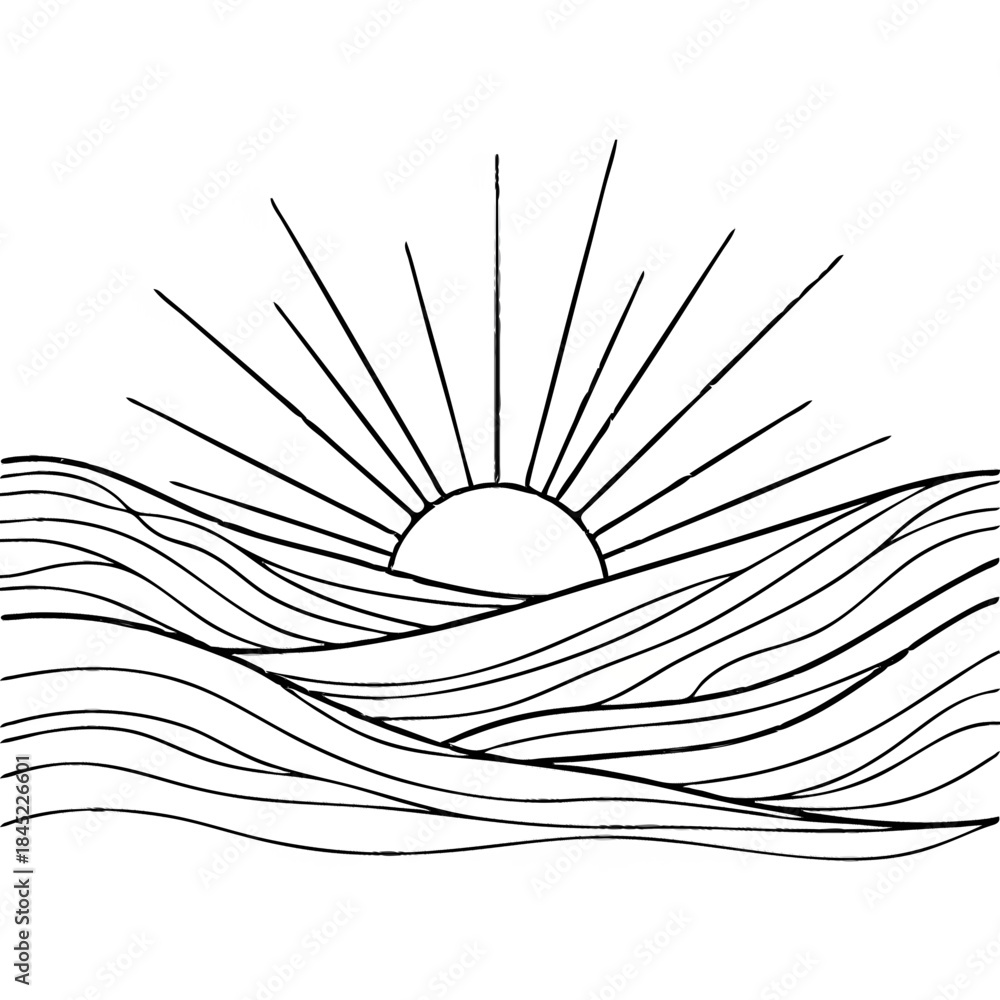 Obraz premium Sunrise over the Ocean: A minimalist pen sketch captures the serene moment of sunrise over the ocean. The sun, depicted with radiating lines, gently rises above the undulating waves.